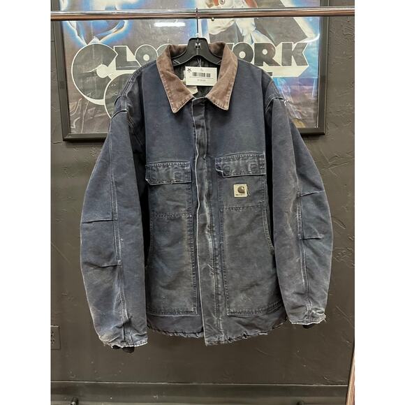 2003 Carhartt Vintage Quilted Sandstone Ridge Jacket Navy Blue Faded Made in USA - Picture 1 of 4